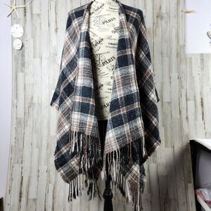 Universal Thread Plaid Fringe Shawl Black Brown OSFM
